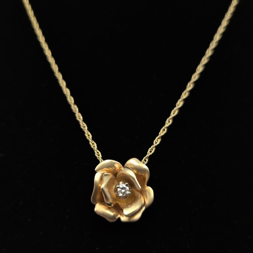 Vintage 14k Yellow Gold Baumstein & Feder Diamond Flower Pendant Necklace 16.25"